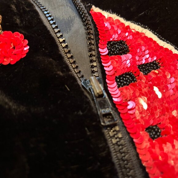 Vintage 80s JA Resort Black Crushed Velvet Bomber Jacket Sequin Fruit - Picture 5 of 8